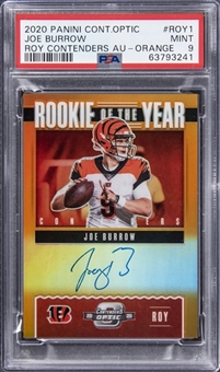 2020 Panini Contenders Optic "Rookie Of The Year Contenders Autographs" Orange #ROY1 Joe Burrow Signed Rookie Card (#03/50) - PSA MINT 9